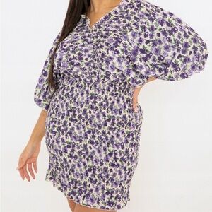 Missguided Plus Size 18 Purple Floral Smocked Mini Dress Puff Sleeve Cottagecore